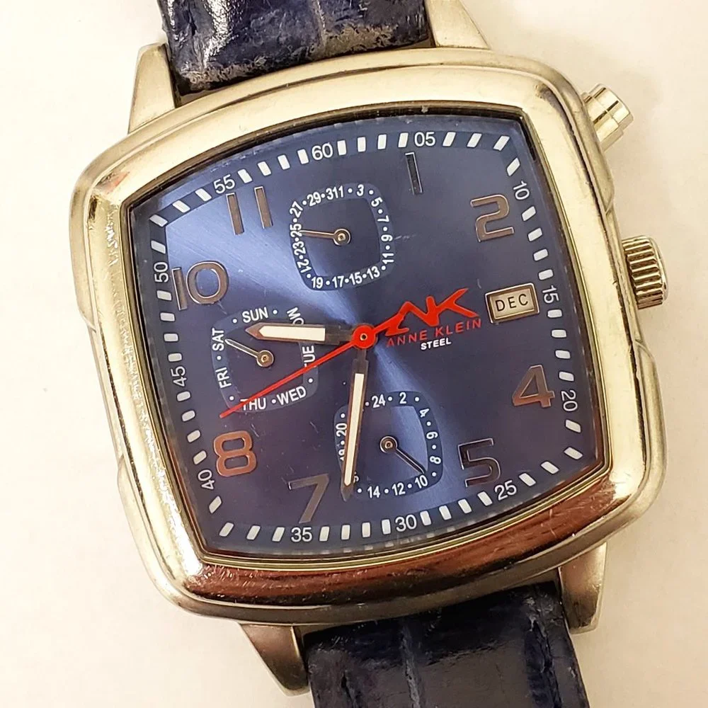 Anne Klein AK Navy Blue Day Date DOW 24-HR Red White Blue Square Face Watch
